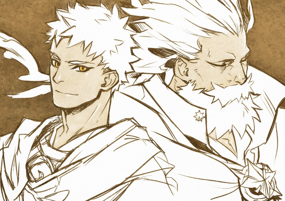 2boys, beard, brown_background, cape, cloak, closed_eyes, commentary_request, facial_hair