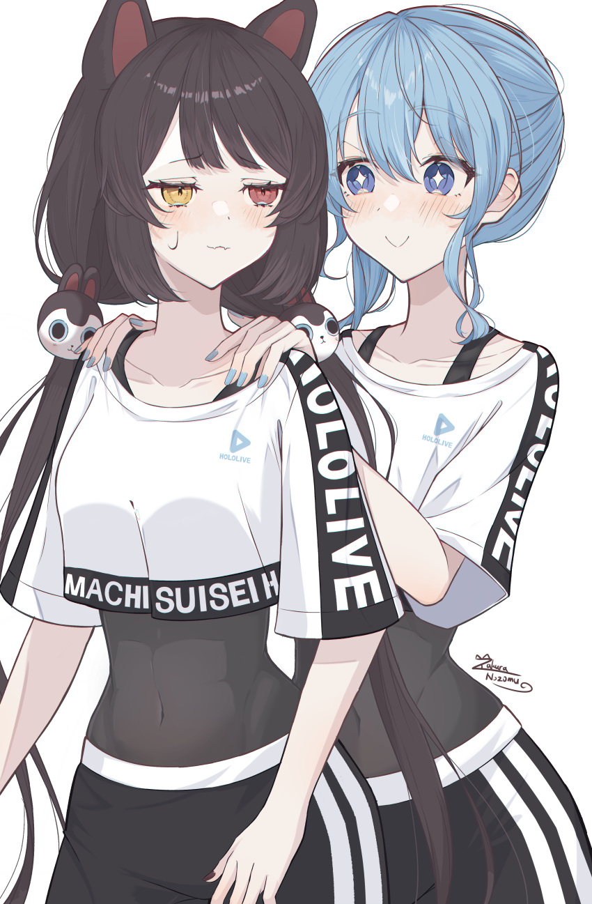 2girls, absurdres, animal_ears, black_hair, black_nails, blue_eyes, blue_hair, blue_nails