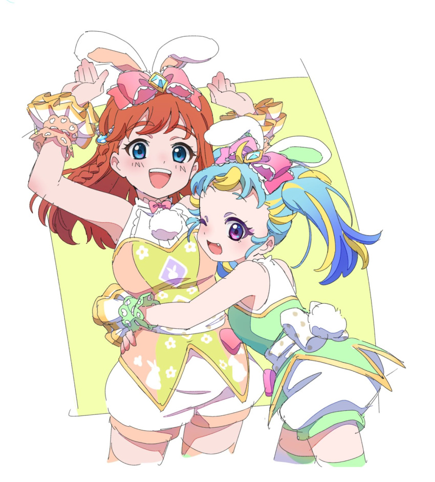 2girls, :d, ahoge, animal_costume, animal_ears, arms_up, blonde_hair, blue_eyes