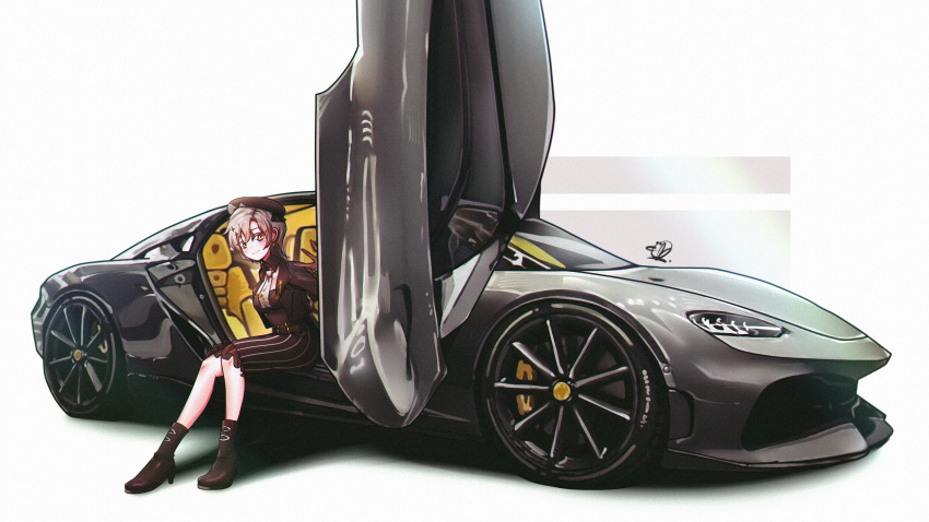 1girl, absurdres, beret, black_footwear, black_headwear, black_jacket, black_shirt, black_socks, blush, breasts, brown_eyes, car, detached_collar, grey_necktie, hat, high_heels, highres, indie_virtual_youtuber, jacket, koenigsegg_(automobile), koenigsegg_gemera, looking_at_viewer, magcro_ravencroft, medium_breasts, mizzterbii, motor_vehicle, necktie, shadow, shirt, short_hair, signature, smile, socks, sports_car, strapless, strapless_shirt, vehicle_focus, virtual_youtuber