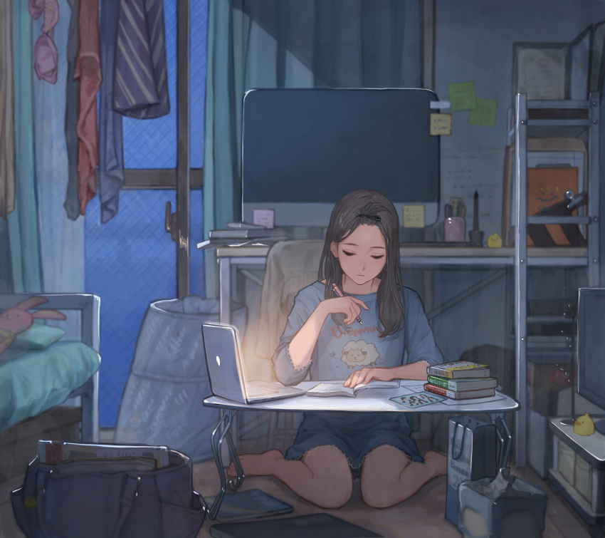 1girl, absurdres, bag, bangs_pinned_back, barefoot, bed, bird, blue_curtains, book, book_stack, bra, brown_hair, clipboard, closed_mouth, commentary, computer, curtains, desk, drying, drying_clothes, duck, elbows_on_table, facing_object, feet, hair_behind_ear, hair_ornament, hair_over_shoulder, hairpin, hand_up, highres, holding, holding_pencil, indoors, laptop, long_hair, long_sleeves, messy_room, monitor, on_floor, original, pencil, reading, shirt, sitting, sliding_doors, solo, sticky_note, studying, stuffed_animal, stuffed_rabbit, stuffed_toy, t-shirt, table, television, underwear, utaka_(anyoanyot), wariza
