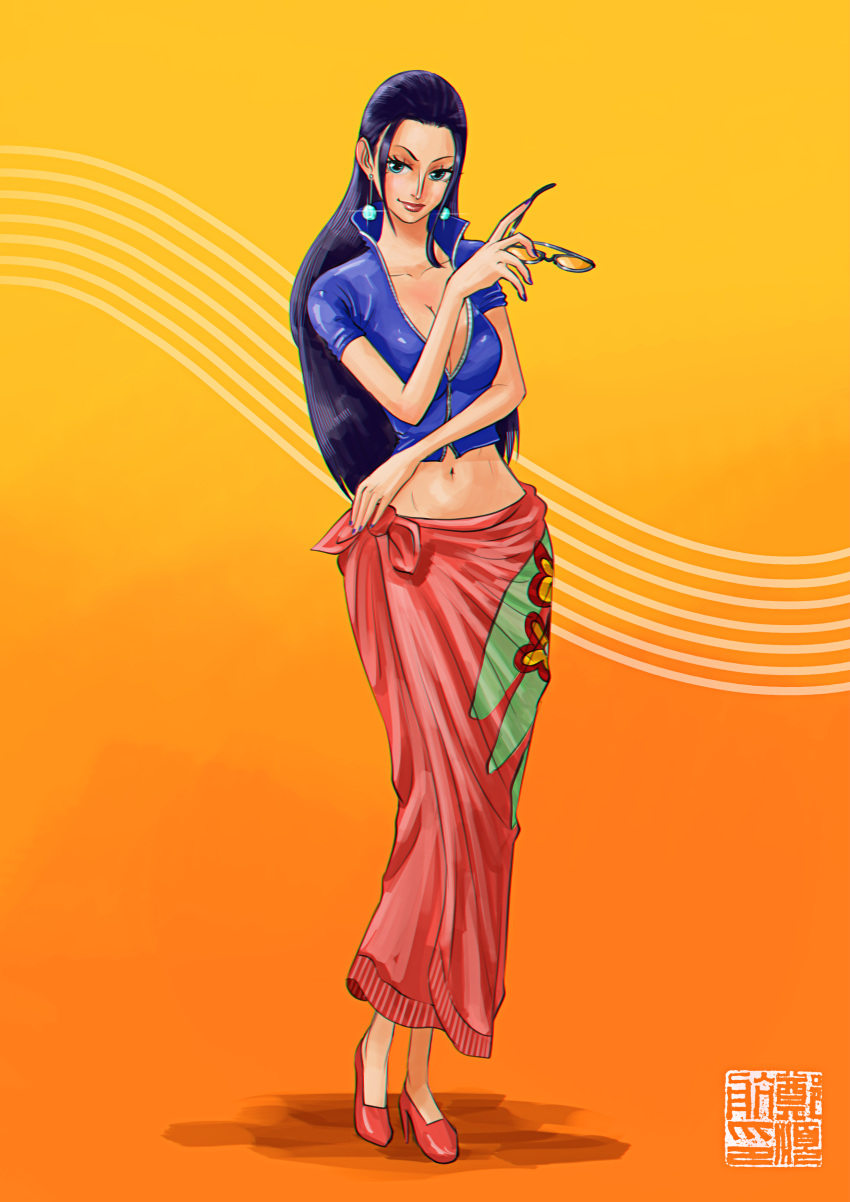 1girl, absurdres, aliasartworks, black_hair, blue_shirt, earrings, highres, holding, holding_removed_eyewear, jewelry, long_hair, looking_at_viewer, nico_robin, one_piece, orange_background, pink_lips, pink_sarong, sarong, shirt, shoes, sidelocks, smile, solo, sunglasses, unworn_eyewear