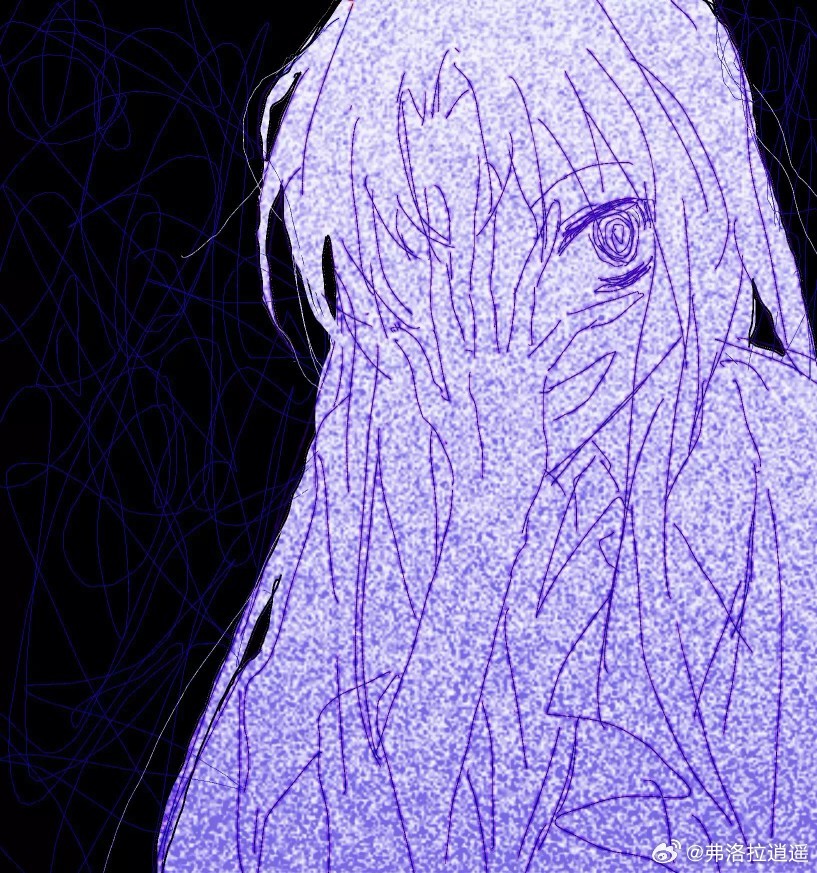 1other, @_@, androgynous, chinese_commentary, clause, commentary_request, crazy_eyes, film_grain, fuluola_xiaoyao, hand_over_eye, len'en, long_hair, monochrome, open_mouth, other_focus, parted_bangs, purple_theme, sketch, sleeves_past_elbows, smile, solo, weibo_username