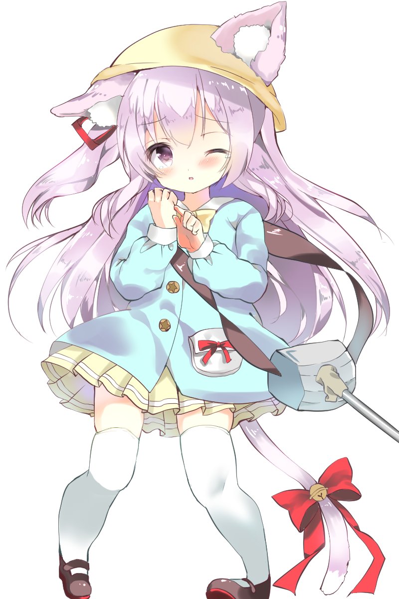 1girl, animal_ear_fluff, animal_ears, azur_lane, bell, black_footwear, blue_shirt, blush, cat_ears, cat_girl, cat_tail, hat, highres, jingle_bell, kindergarten_uniform, kisaragi_(azur_lane), long_hair, mary_janes, nice_knee_socks_day, one_eye_closed, pink_eyes, pink_hair, pleated_skirt, ribbon, school_hat, shirt, shoes, side_ponytail, skirt, solo, tail, tail_bell, tail_ornament, tail_ribbon, thigh-highs, thighs, weapon, white_thighhighs, yellow_headwear, yellow_skirt, yuru_(xxyuruxx)