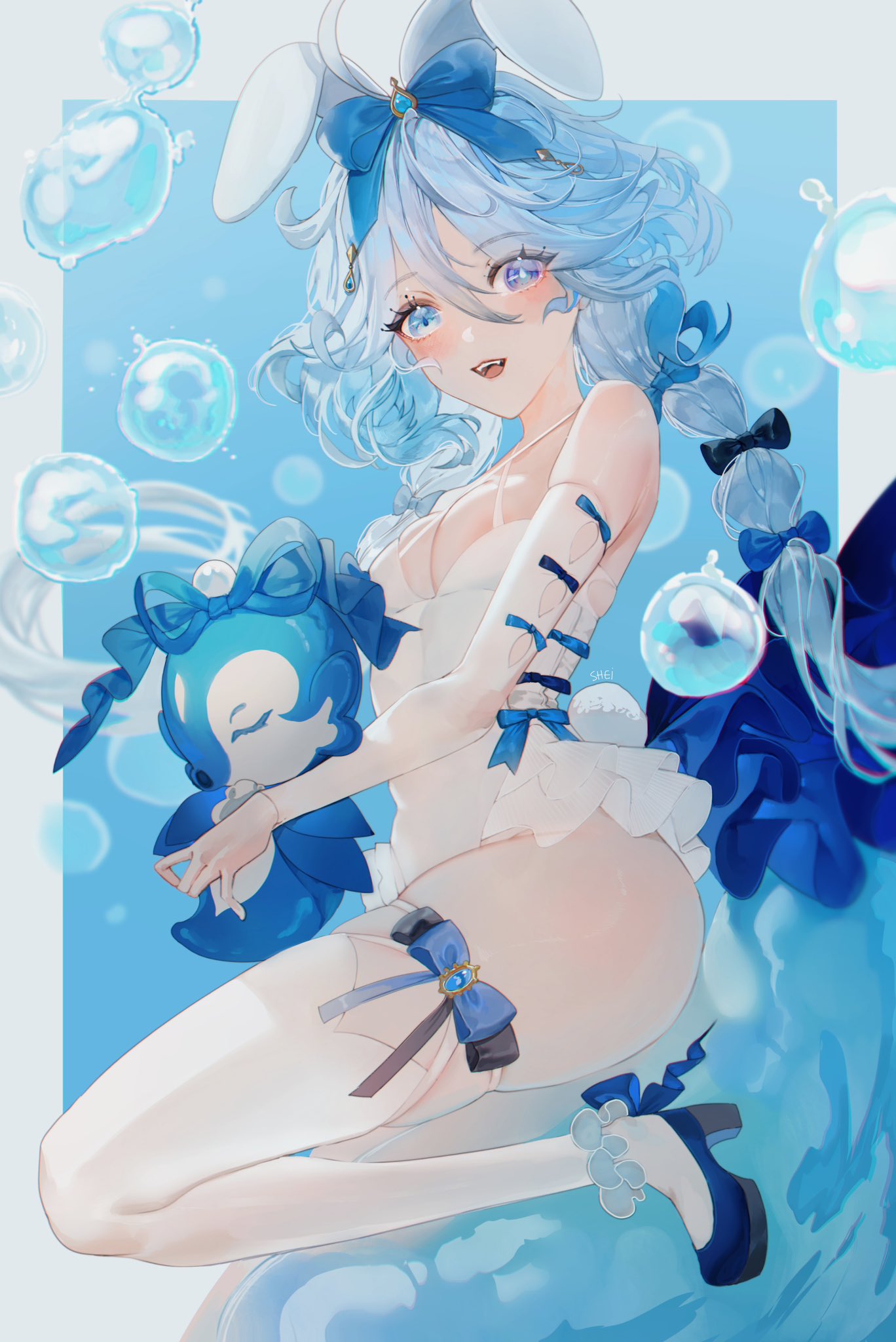 1girl, blue_eyes, blush, bow, bubble, bunnysuit, furina_(genshin_impact), heterochromia