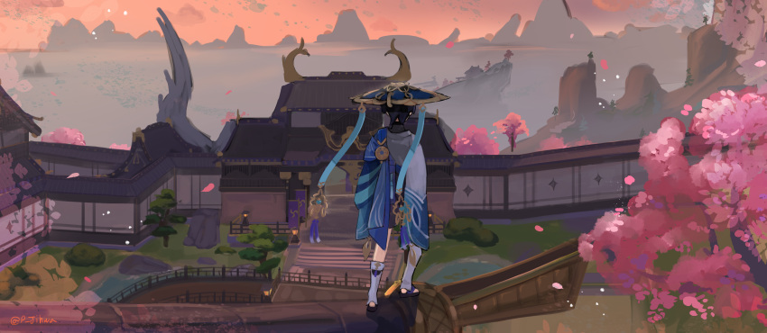 1boy, absurdres, architecture, black_hair, black_shorts, blue_cloak, blue_headwear, building, bush, cherry_blossoms, cloak, commentary_request, east_asian_architecture, falling_petals, from_behind, genshin_impact, geta, hat, highres, island, lantern, male_focus, ocean, on_roof, p_jihwa, petals, pond, railing, scaramouche_(genshin_impact), scenery, shirt, short_hair, shorts, socks, solo, sunset, tree, twitter_username, wall, wanderer_(genshin_impact), water, white_shirt, white_socks, wooden_lantern