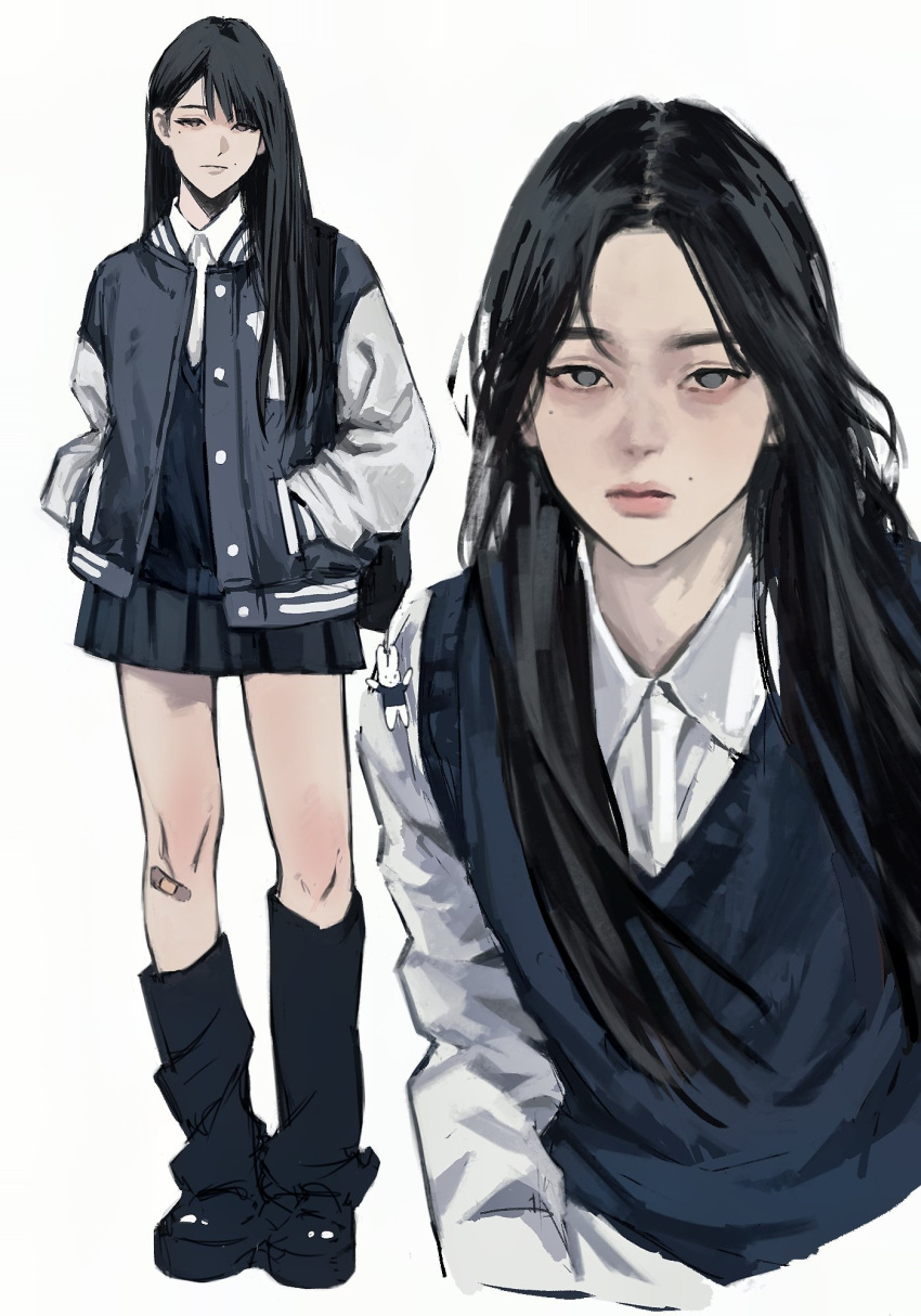 1girl, bandaid, bandaid_on_knee, bandaid_on_leg, black_footwear, black_hair, black_skirt, closed_mouth