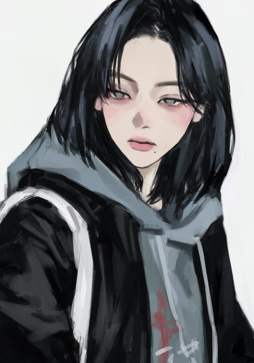 1girl, black_hair, black_jacket, closed_mouth, expressionless, grey_background, grey_eyes, grey_hoodie