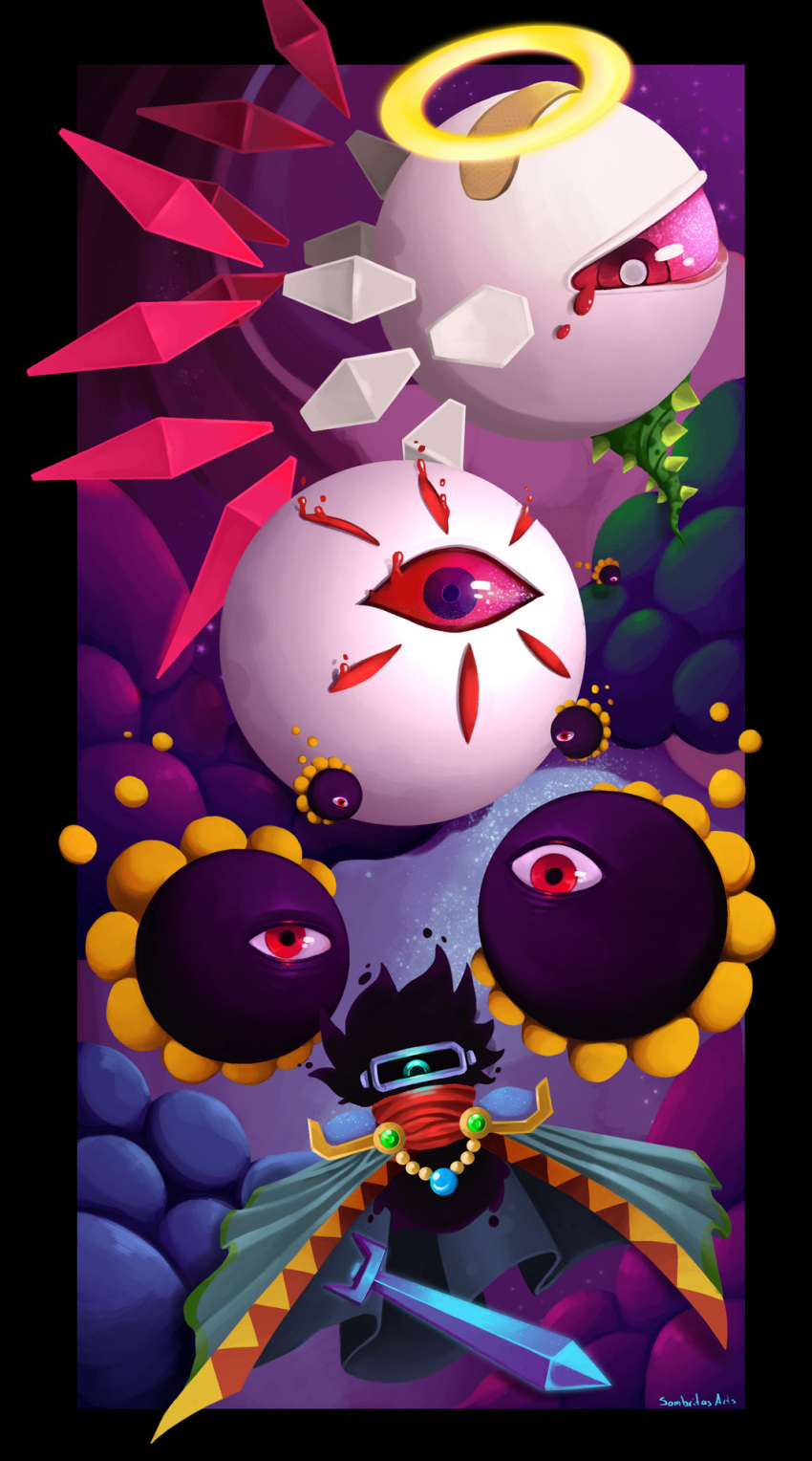 2boys, 3others, artist_name, bandaid, bandaid_on_head, bean_stalk, black_border, blood