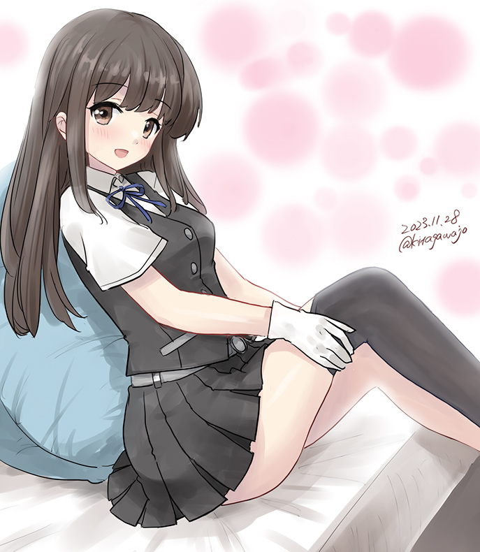 1girl, black_hair, black_skirt, black_thighhighs, black_vest, blue_ribbon, brown_eyes, collared_shirt
