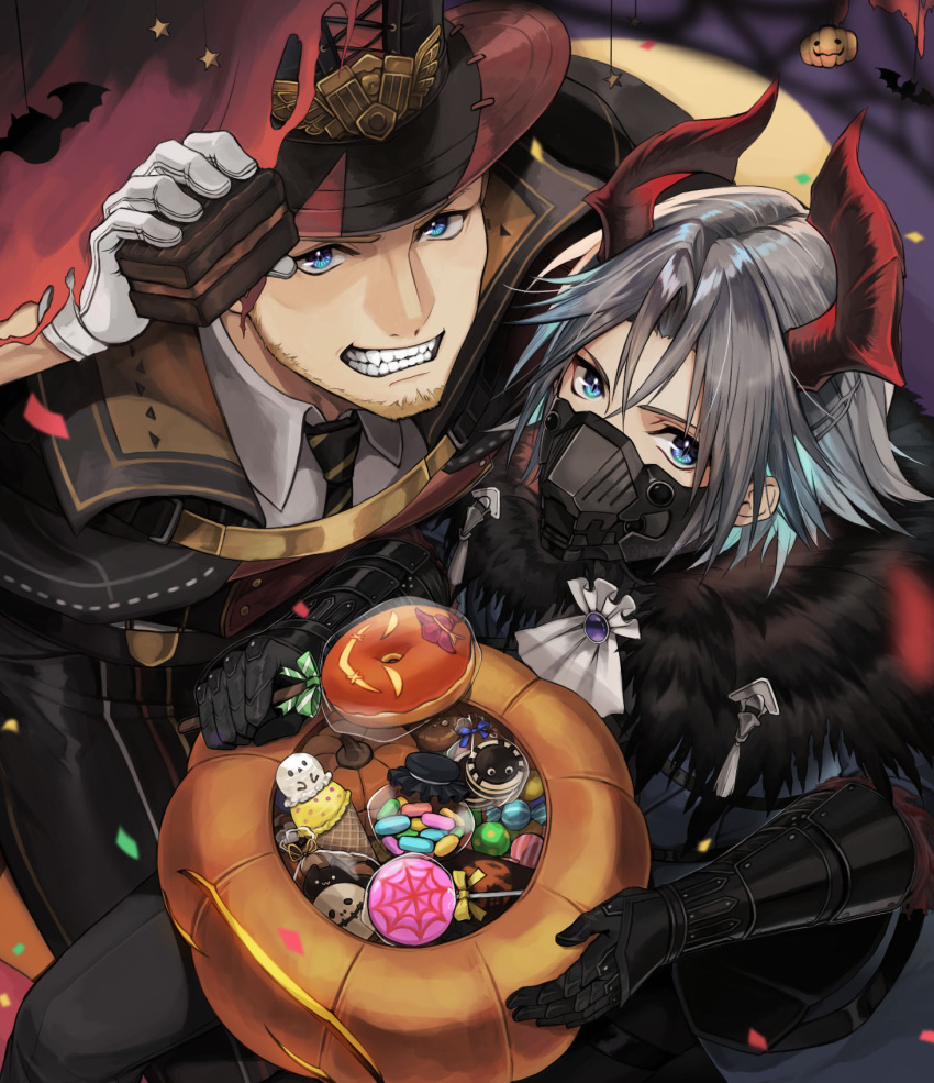 2boys, aged_down, ascot, bat_(animal), black_cape, black_gloves, black_necktie, black_pants, blonde_facial_hair, blonde_hair, blue_eyes, candy, cape, collared_shirt, commentary_request, confetti, facial_hair, final_fantasy, final_fantasy_vii, final_fantasy_vii_ever_crisis, food, full_moon, fur_collar, gem, glenn_lodbrok, glenn_lodbrok_(pumpkinmare), gloves, grey_hair, grin, halloween, halloween_bucket, hand_up, hat, highres, holding, holding_candy, holding_food, holding_lollipop, holding_pumpkin, holding_vegetable, horns, ice_cream, ice_cream_cone, jack-o'-lantern, lollipop, male_focus, moon, multiple_boys, muzzle, necktie, night, official_alternate_costume, outdoors, pants, parted_bangs, pumpkin, purple_gemstone, red_headwear, ryu_kisaragi, sephiroth, sephiroth_(dark_harbinger), shirt, short_hair, slit_pupils, smile, striped_necktie, top_hat, vegetable, white_gloves, white_shirt