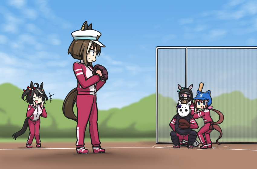 5girls, ahoge, animal_ears, aqua_bow, baseball, baseball_bat, baseball_mitt, black_hair