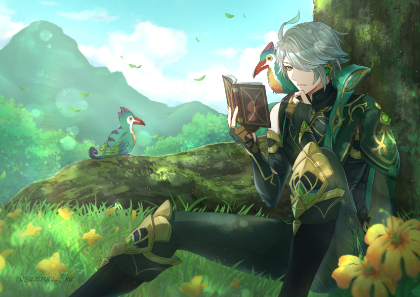 1boy, ahoge, alhaitham_(genshin_impact), animal_on_shoulder, artist_name, bird, bird_on_shoulder, black_footwear