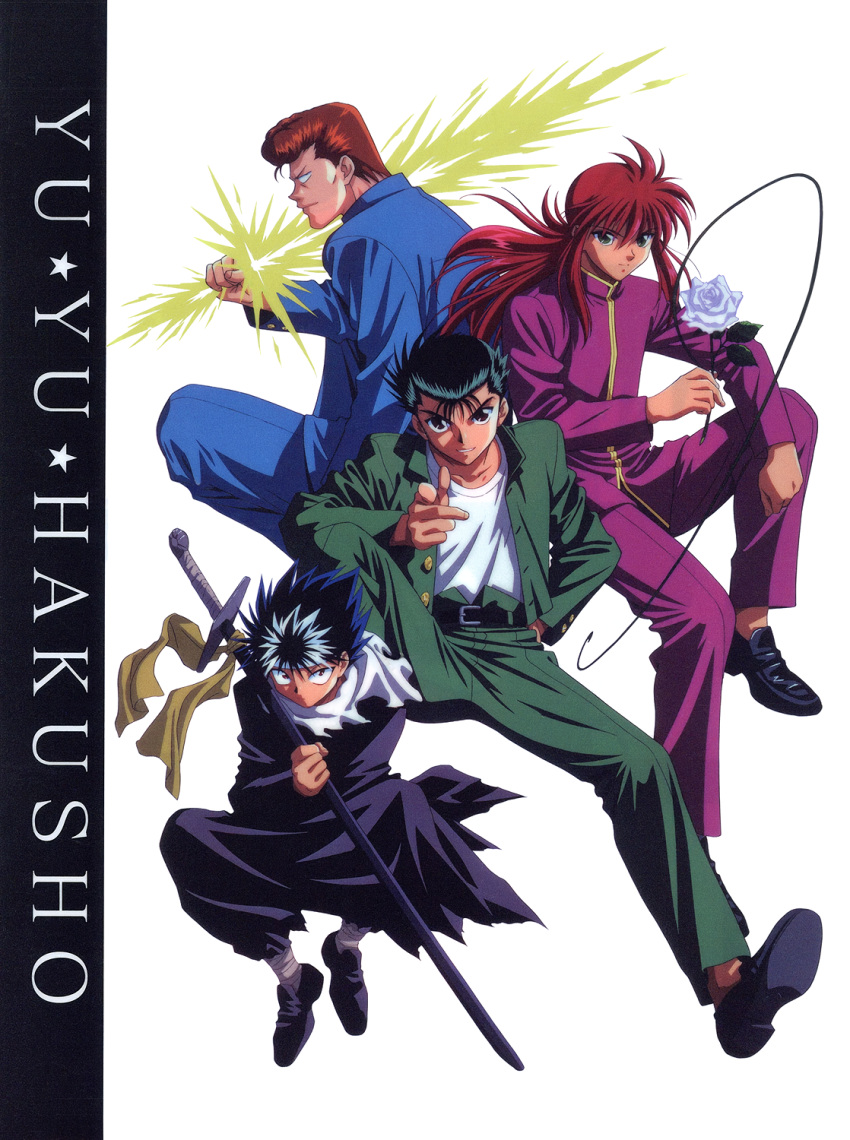 1990s_(style), 4boys, black_footwear, black_hair, brown_eyes, copyright_name, energy_sword, flower