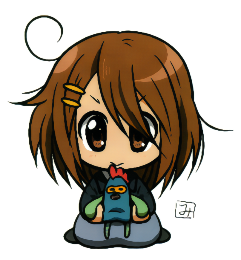 1girl, ahoge, brown_eyes, brown_hair, hirasawa_yui, holding, holding_toy, k-on!