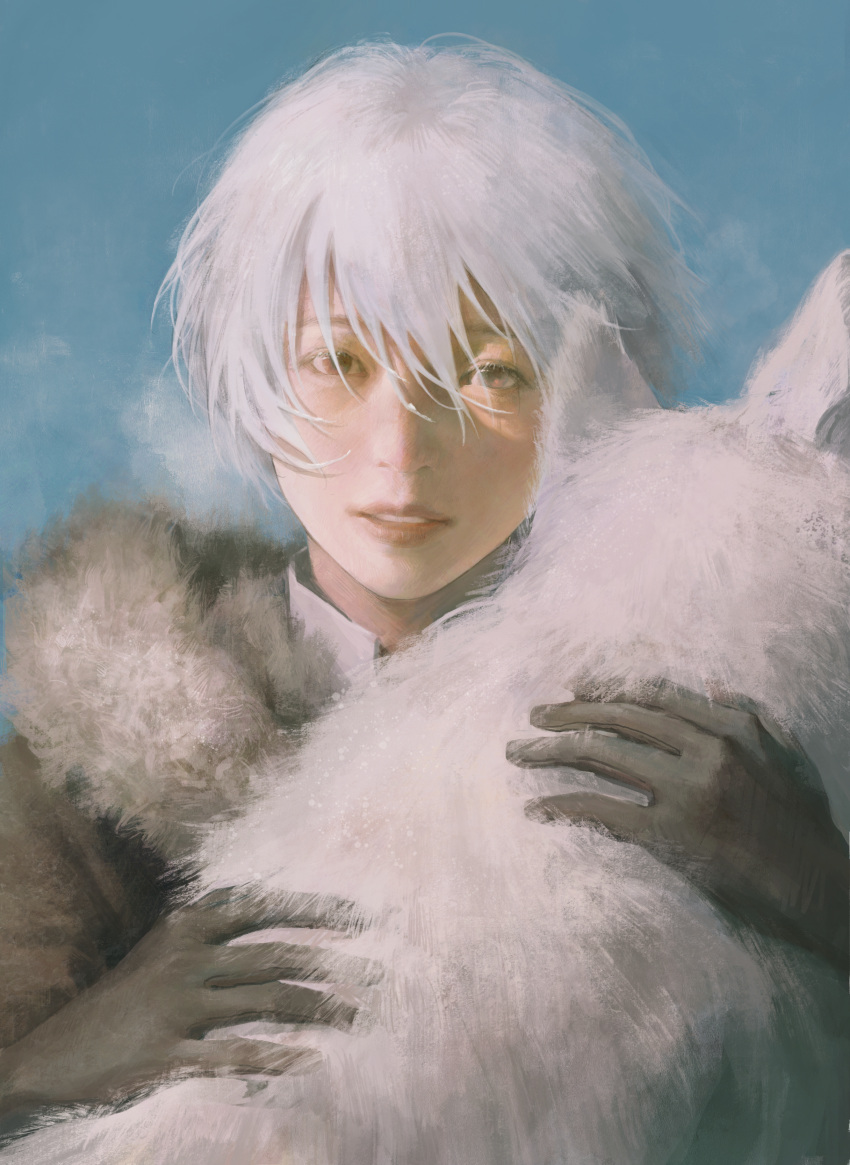 1boy, absurdres, animal, animal_hug, black_cloak, blue_background, breath, brown_gloves
