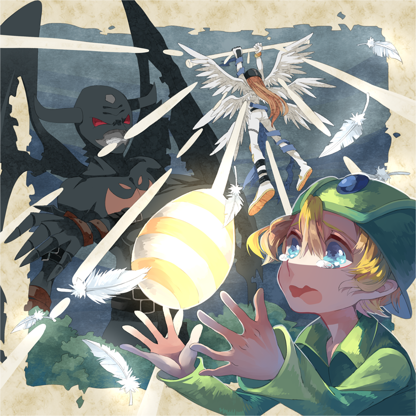 angel, angemon, ass, blonde_hair, child, crying, demon, demon_boy