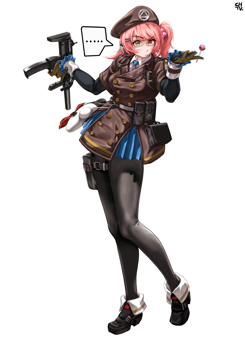 ..., 1girl, absurdres, ammunition_pouch, artist_name, beret, black_footwear, black_gloves