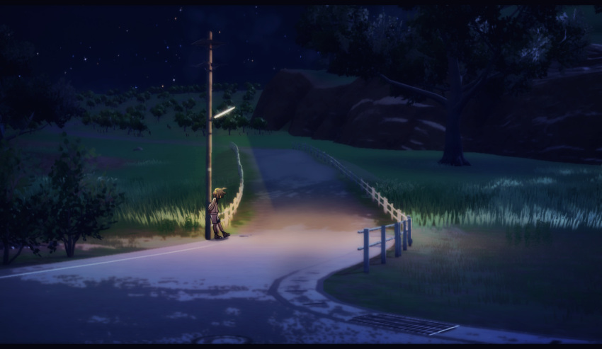 1boy, black_hair, commentary_request, fence, from_side, grass, hairband, jacket