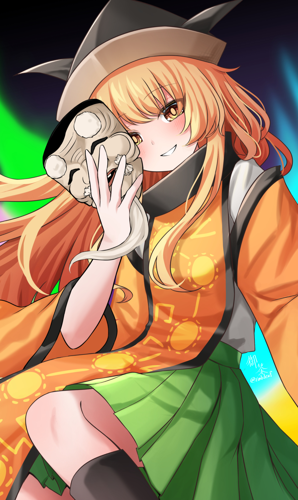 1girl, artist_name, black_headwear, blonde_hair, constellation_print, green_skirt, highres, long_hair