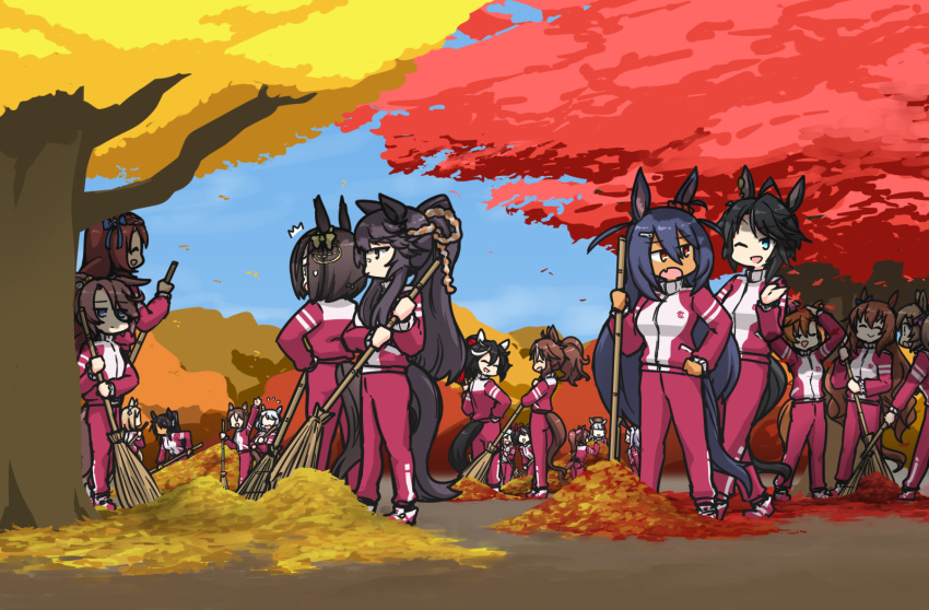 6+girls, air_groove_(umamusume), animal_ears, arm_up, autumn_leaves, bandaid, bandaid_on_face, bandaid_on_nose
