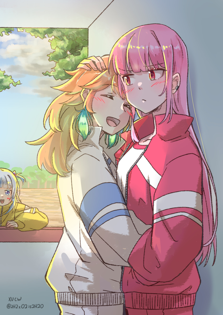 absurdres, blush, breasts, closed_eyes, couple, earrings, feather_earrings, feathers, gawr_gura, gradient_hair, gym_shirt, gym_uniform, hand_on_another's_head, head_grab, headpat, highres, hololive, hololive_english, hug, jacket, jewelry, long_hair, long_sleeves, looking_at_another, mori_calliope, multicolored_hair, multiple_girls, open_mouth, orange_hair, pants, partially_unzipped, pink_hair, red_eyes, red_jacket, shirt, smile, takanashi_kiara, track_jacket, track_pants, track_suit, virtual_youtuber, xu_chin-wen, yuri, zipper