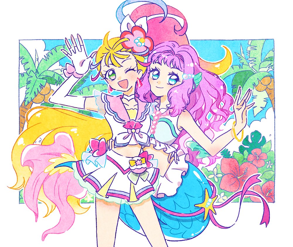 2girls, blonde_hair, blue_eyes, bow, bow_skirt, choker, commentary_request, cure_summer