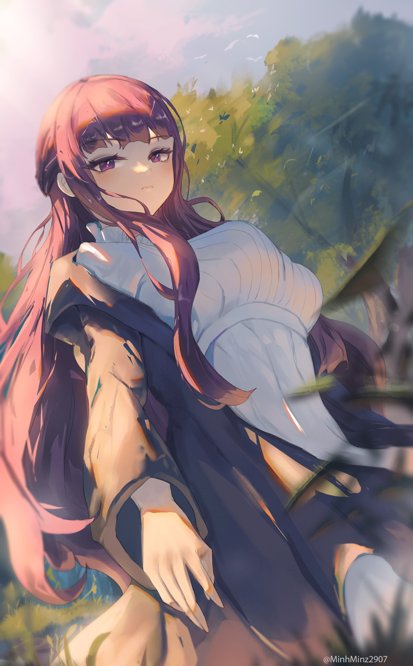 1girl, absurdres, artist_name, black_coat, blunt_bangs, breasts, closed_mouth, coat