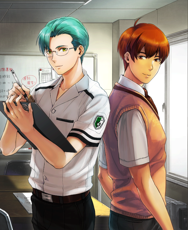 2boys, ahoge, akagi_kazuyuki, aqua_hair, arms_at_sides, asymmetrical_bangs, back-to-back, badge, belt, black_pants, chair, clipboard, collared_shirt, day, desk, folding_chair, glasses, green_eyes, hands_up, hanegasaki_academy_school_uniform, hikami_itaru, holding, holding_clipboard, holding_pen, indoors, male_focus, multiple_boys, necktie, orange_hair, pants, pen, piyo, red_eyes, red_necktie, school, school_desk, school_uniform, shirt, shirt_tucked_in, short_hair, smile, solo, sweater_vest, tokimeki_memorial, tokimeki_memorial_girl's_side_2nd_kiss, white_shirt, whiteboard, window