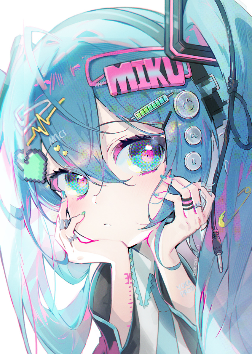 1girl, 39, aqua_necktie, audio_jack, black_jacket, black_sleeves, blue_eyes, blue_hair