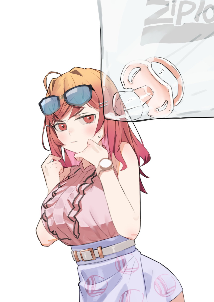 1girl, ahoge, bag, belt, breasts, center_frills, eyewear_on_head, frills, highres, hololive, hololive_dev_is, ichijou_ririka, large_breasts, long_hair, orange_eyes, orange_hair, pacifier, pink_shirt, plastic_bag, purple_skirt, shirt, skirt, sunglasses, uzuradobin, virtual_youtuber, watch, watch, white_background, white_belt