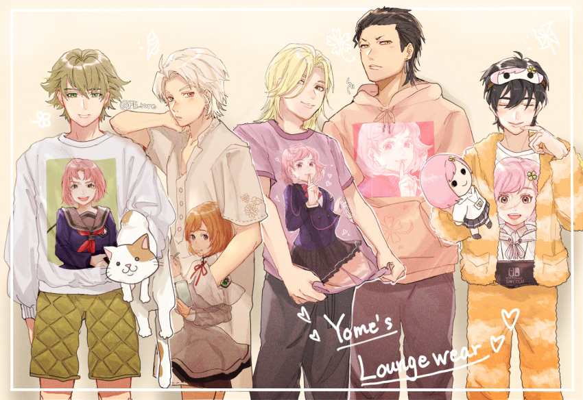 5boys, arms_at_sides, black_hair, blonde_hair, border, carrying, carrying_under_arm, casual, cat, character_doll, character_print, closed_eyes, collared_shirt, cowboy_shot, doll, facing_viewer, fe_rune, green_eyes, grey_hair, grey_pants, grey_shirt, hair_between_eyes, hair_over_one_eye, hair_slicked_back, hand_in_pocket, hand_up, hazuki_kei_(tokimemo_gs), highres, holding, holding_doll, hood, hood_down, hoodie, in-franchise_crossover, inset_border, jacket, kazama_ryouta, light_brown_hair, lineup, looking_at_viewer, looking_to_the_side, male_focus, mask, mask_on_head, medium_hair, multiple_boys, orange_jacket, orange_pants, pajamas, pants, print_shirt, protagonist_(tokimemo_gs), protagonist_(tokimemo_gs2), protagonist_(tokimemo_gs3), protagonist_(tokimemo_gs4), purple_shirt, red_eyes, saeki_teru, sakurai_kouichi, sakurai_ruka, shirt, short_hair, shorts, sleep_mask, sleepwear, smile, standing, t-shirt, tokimeki_memorial, tokimeki_memorial_girl's_side, tokimeki_memorial_girl's_side_2nd_kiss, tokimeki_memorial_girl's_side_3rd_story, tokimeki_memorial_girl's_side_4th_heart, undershirt, violet_eyes, yellow_shorts