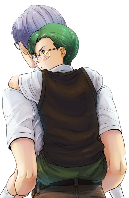2boys, aged_down, asymmetrical_bangs, carrying, child, collared_shirt, from_behind, frown