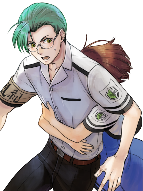 1boy, 1girl, aqua_eyes, armband, asymmetrical_bangs, badge, belt, black_pants