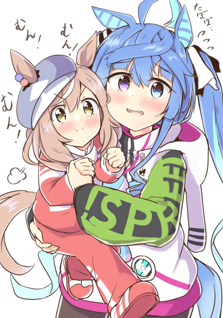 2girls, =3, @_@, aged_down, ahoge, animal_ears, animal_hood, ayame_riyo
