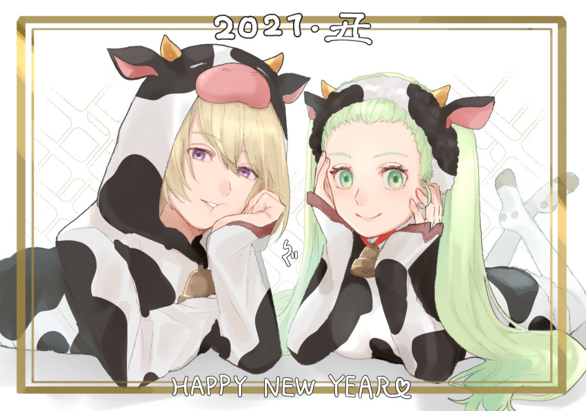 1boy, 1girl, 2021, :t, animal_costume, bell, blonde_hair, cheek_press