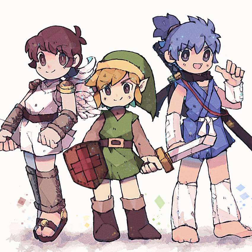 3boys, angel, angel_wings, belt, blue_hair, boots, brown_footwear, brown_hair