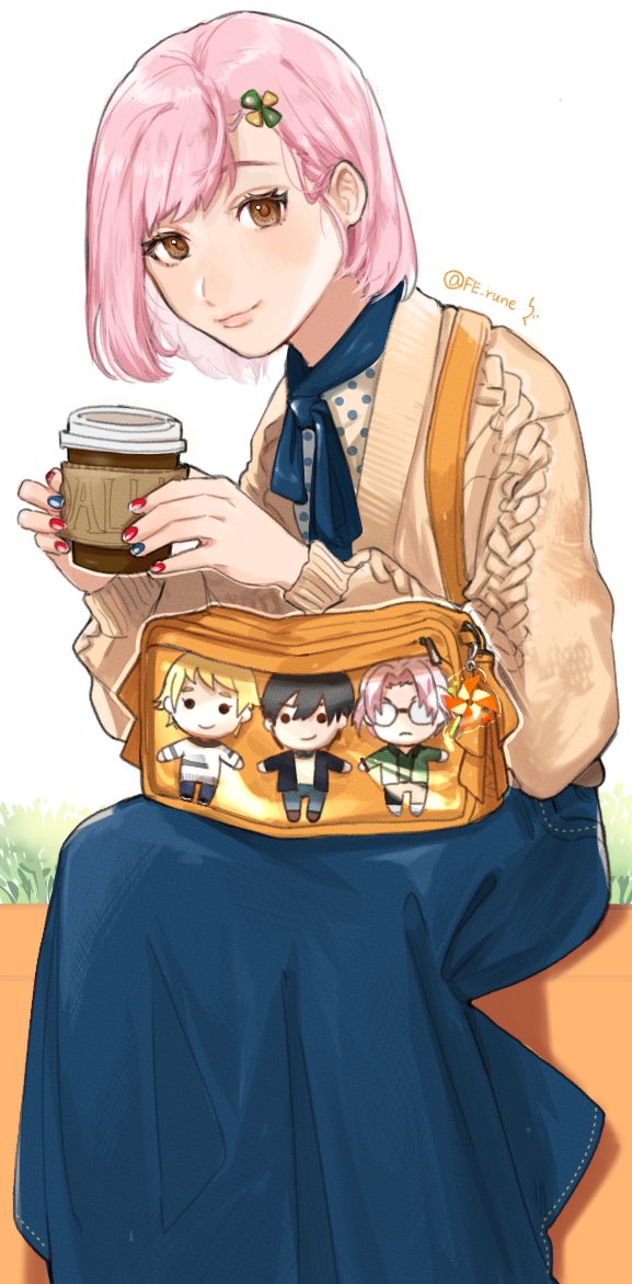 1girl, bag, blue_nails, blue_neckerchief, blue_sky, bob_cut, casual, character_print