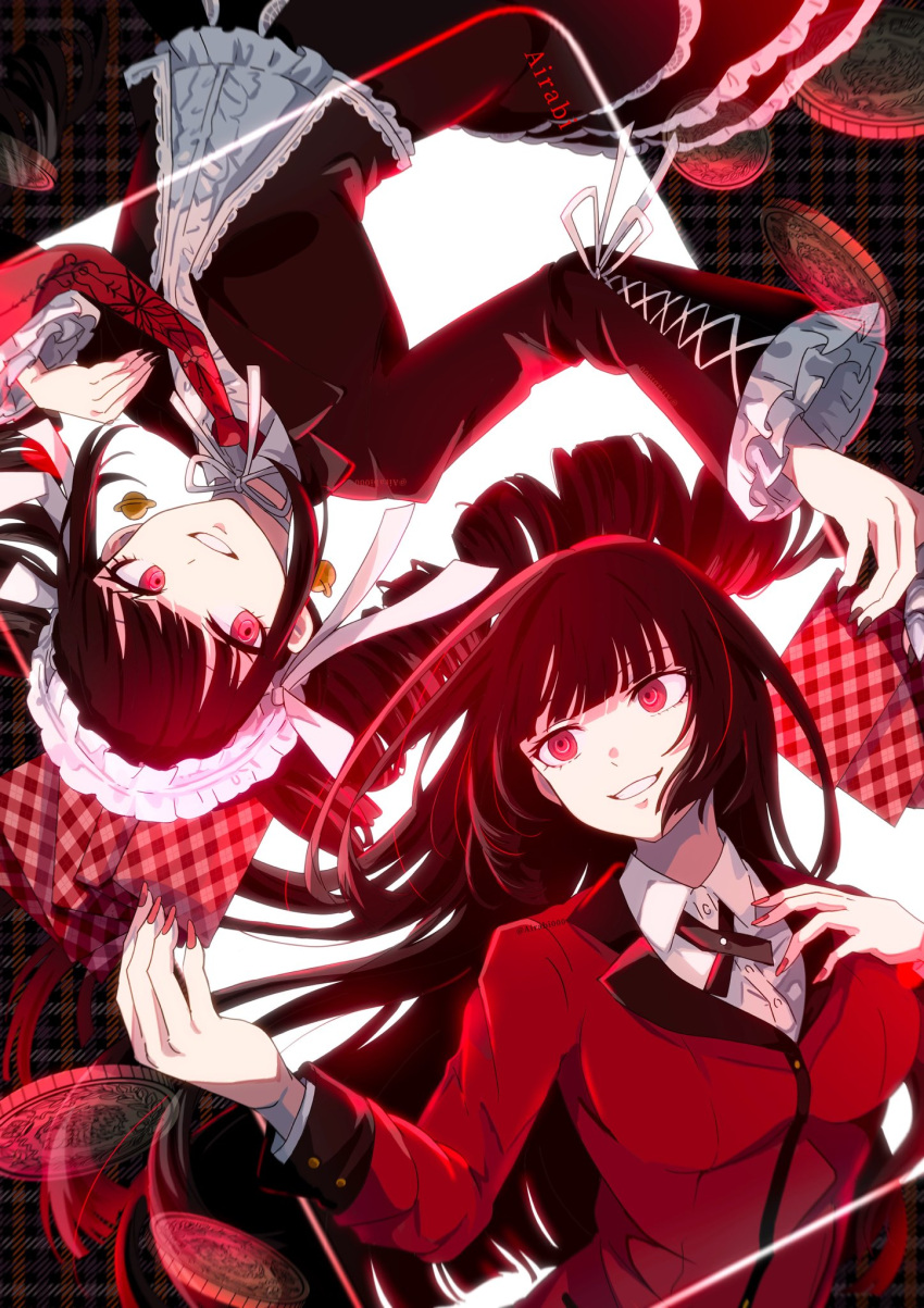 2girls, airabi, artist_name, black_dress, black_hair, black_nails, breasts, card