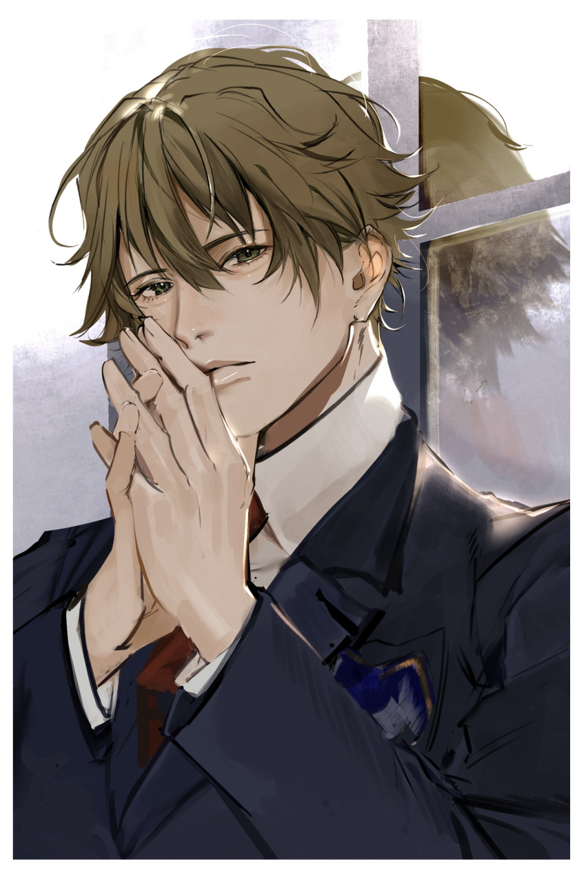 1boy, blazer, border, brown_hair, chikage_(chi_g0), closed_mouth, collared_shirt, green_eyes