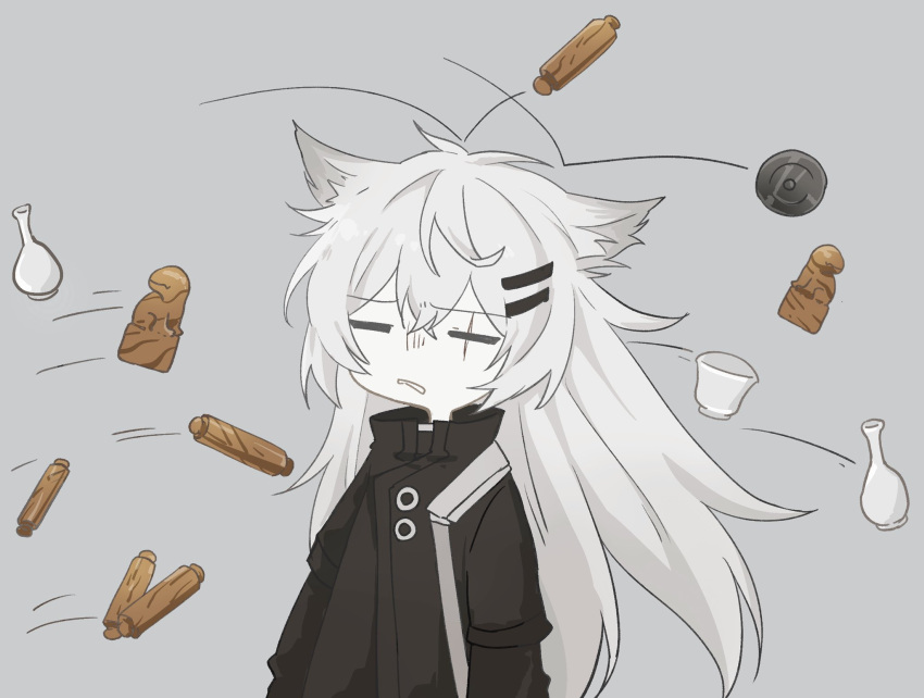 1girl, animal_ear_fluff, animal_ears, antenna_hair, arknights, black_jacket, closed_eyes, collared_jacket
