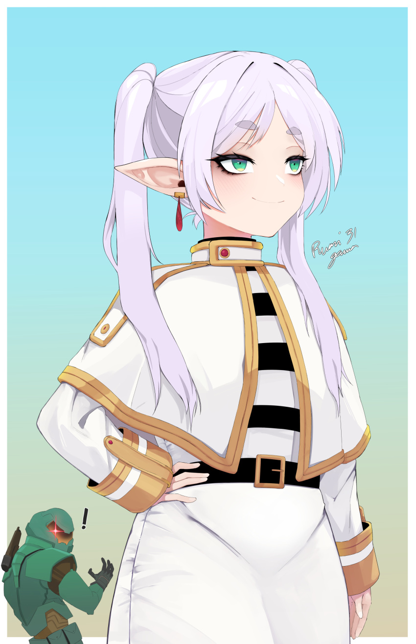 !, 1boy, 1girl, absurdres, armor, artist_name, assault_visor, border