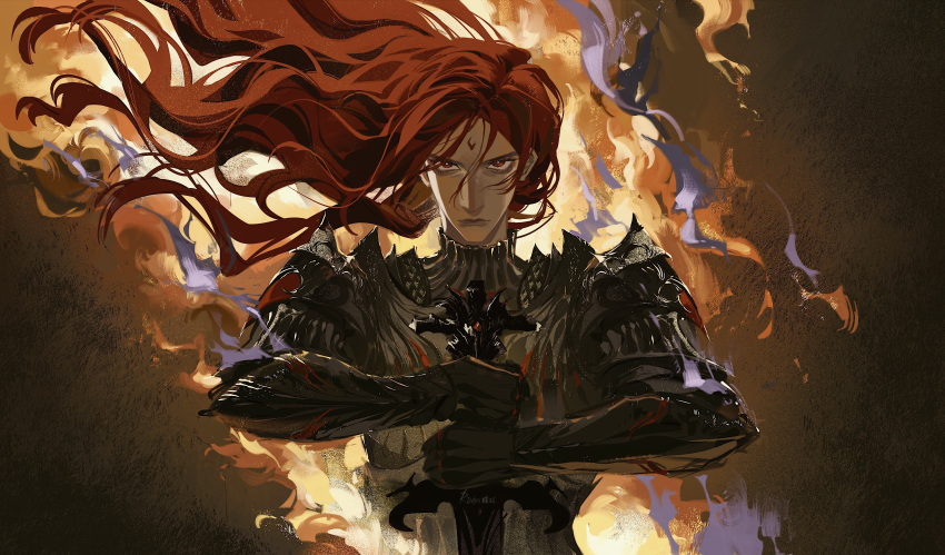 1boy, absurdres, armor, black_armor, chinese_commentary, circle_of_inevitability, commentary_request, facial_mark, fire, forehead_mark, glugluglucose, highres, holding, holding_sword, holding_weapon, long_hair, looking_at_viewer, lord_of_the_mysteries, medici_(lord_of_the_mysteries), pauldrons, red_eyes, redhead, shoulder_armor, solo, spoilers, sword, weapon, wind