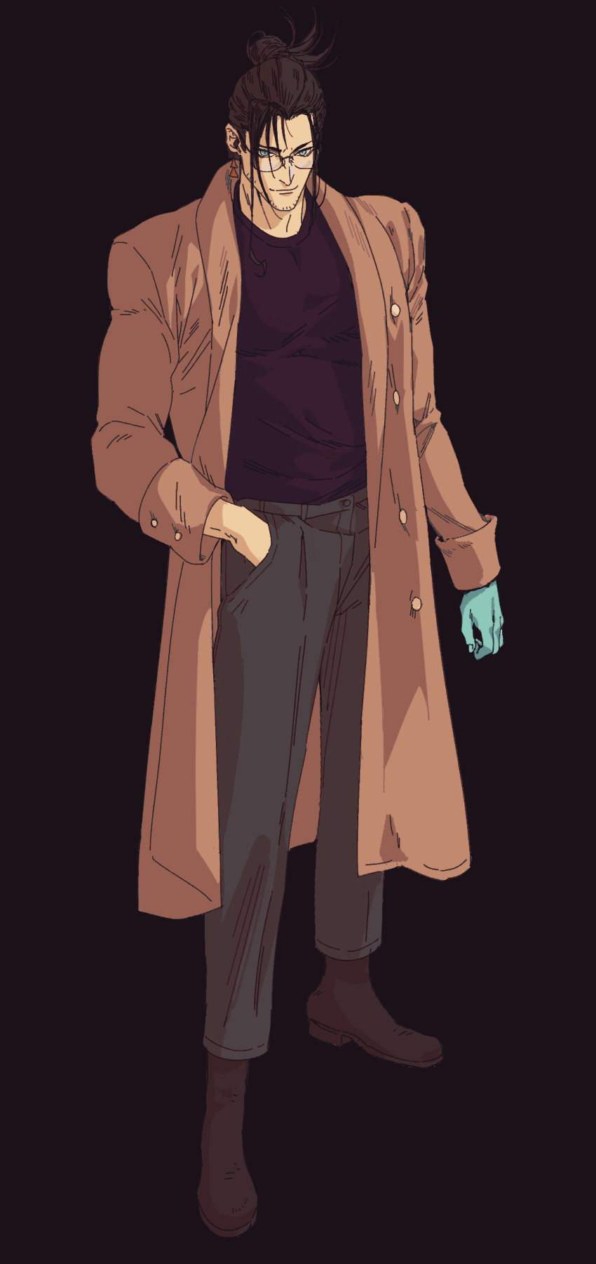 1boy, beard_stubble, black_background, black_hair, black_pants, blue_eyes, blue_skin, boots