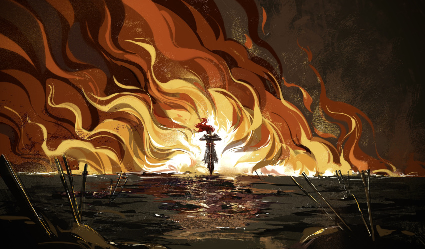 1boy, absurdres, armor, black_armor, chinese_commentary, circle_of_inevitability, commentary_request, dark, fire, glugluglucose, highres, holding, holding_sword, holding_weapon, long_hair, looking_at_viewer, lord_of_the_mysteries, medici_(lord_of_the_mysteries), outdoors, pauldrons, planted, planted_sword, redhead, ruins, shoulder_armor, spoilers, sword, weapon, wind