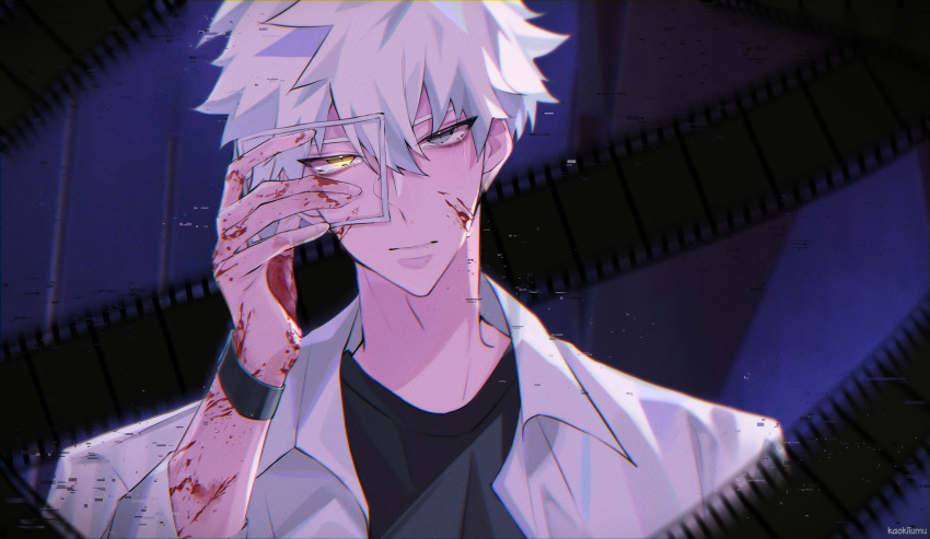 1boy, absurdres, artist_name, black_shirt, black_wristband, blood, blood_on_face, blood_on_hands