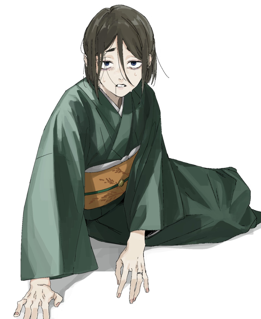 1girl, arm_support, bags_under_eyes, black_eyes, brown_hair, furrowed_brow, gegege_no_kitarou, green_kimono