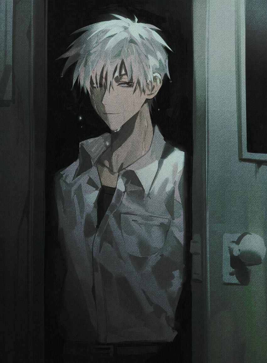 1boy, akagi:_yami_ni_oritatta_tensai, akagi_shigeru, black_eyes, black_shirt, breast_pocket, closed_mouth, collared_shirt