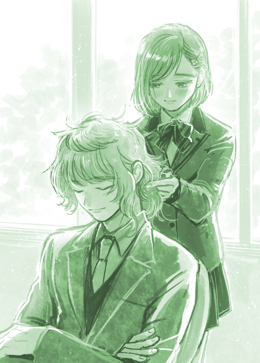 1boy, 1girl, absurdres, blazer, blush, bob_cut, closed_eyes, closed_mouth