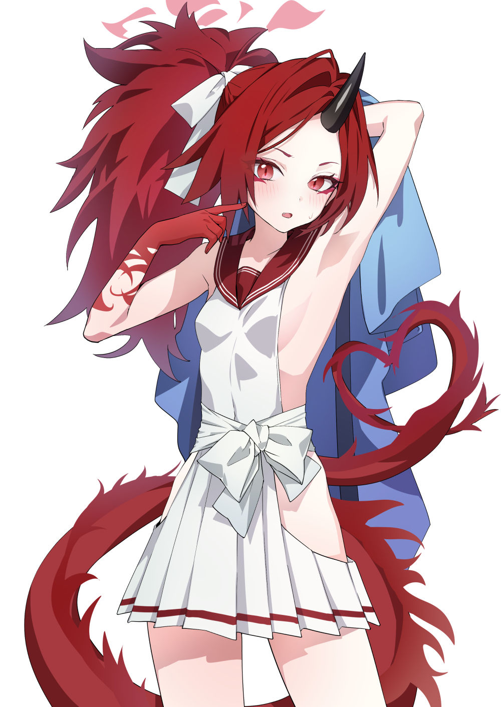 1girl, armpits, black_horns, blue_archive, blush, breasts, cowboy_shot, dragon_tail